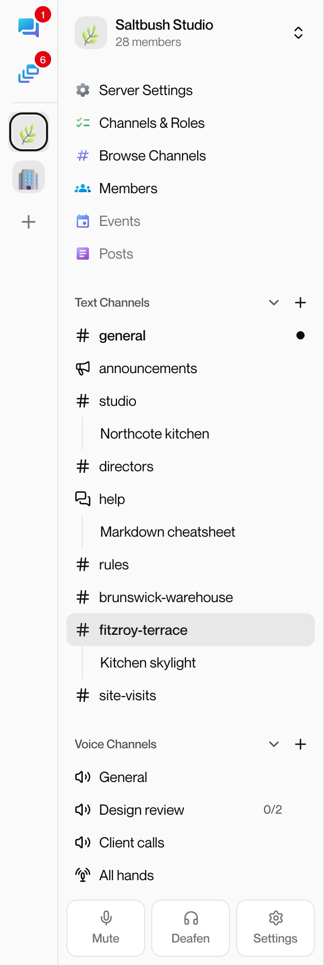 Mirage's server list and a server's channels