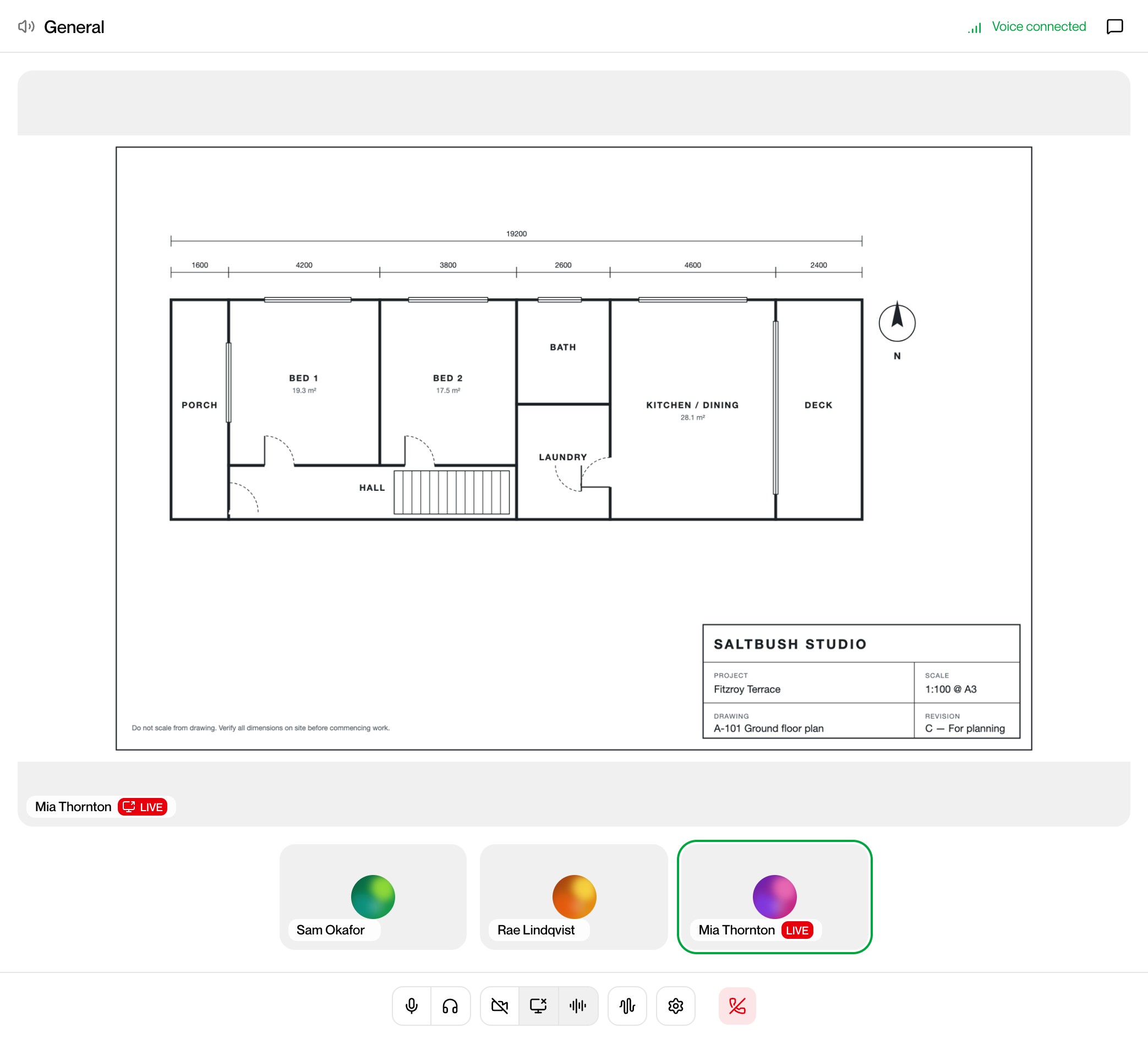 A voice room: a plan shared on screen, with the team below it